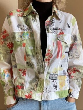 Abstract Print Lightweight Women's Jacket - White & Green